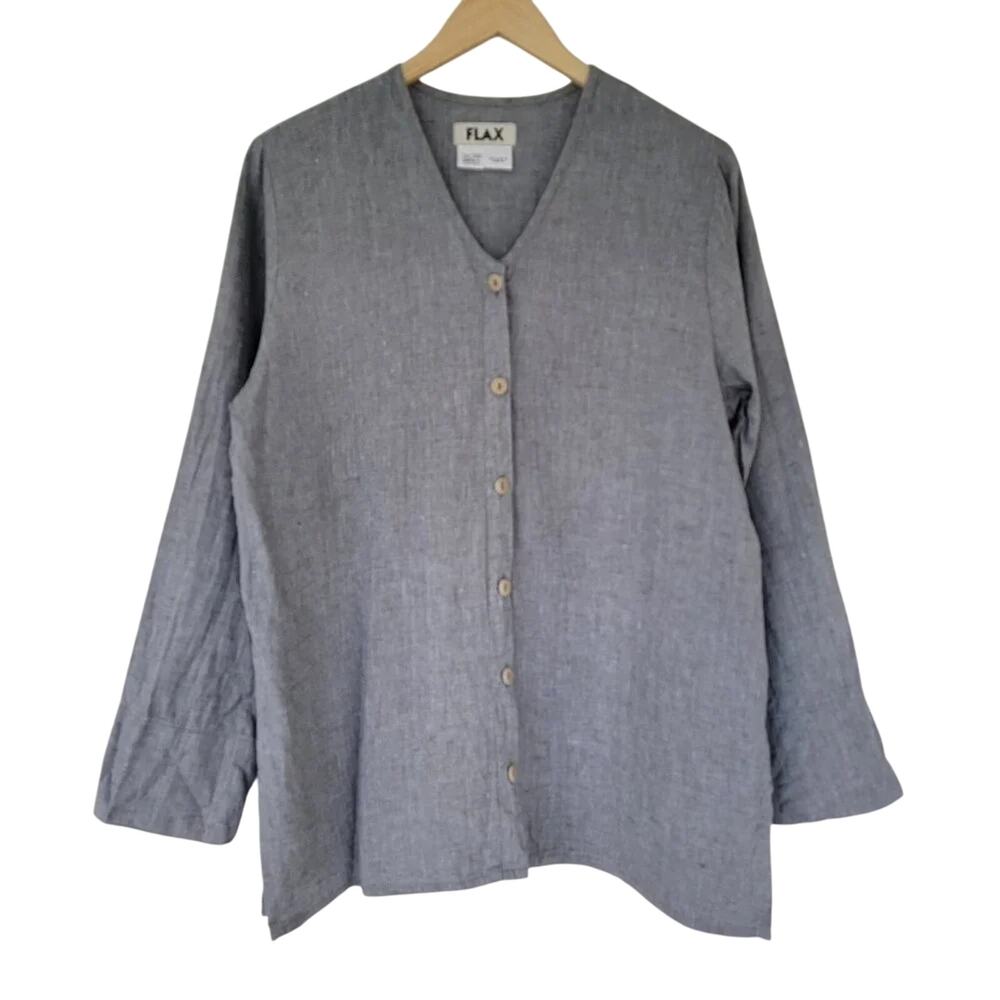 Flax Linen Button Down Blouse Gray V Neck Long Sleeve Womens Size S Minimalist